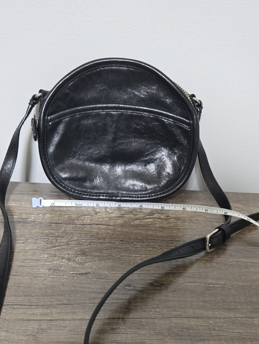 Coach Black Round Leather Crossbody Bag with Front Slip Pocket